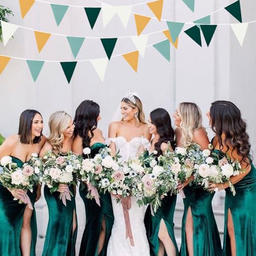 Image of Zwiebeco 39Ft Dark Green Gold White Fabric Bunting Banner Triangle Flags Cotton Garland Pennant for Forest Wild One Safari Birthday Wedding Baby Shower Outdoor Garden Decorations