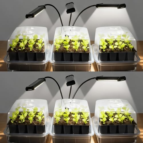 SOLIGT 144 Cell Self Watering Seed Starter Trays with 2 Grow Lights, 6 Seed Starter Kit with Humidity Domes, Full Spectrum Seedling Light with 8/12/18H Timer for Seed Starting, Seedling Growing by SOLIGT - Used condition - US$54.97