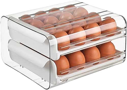 Dispensador de contenedores de huevos para refrigerador, 32 huevos, bandeja apilable transparente de 2 niveles con cajón para refrigerador,