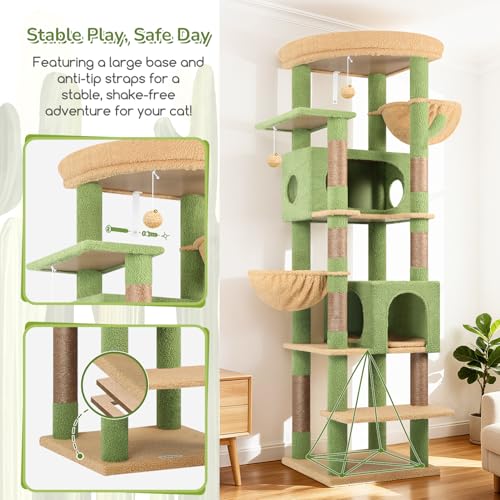 Image of Globlazer Cactus Heavy Duty Cat Tree, 74in Tall Sturdy Cat Tower for Large Cats Adult Big Cat Tree with 7 Scratching Posts, 2 Padded Spacious Condos, 2 Hanging Baskets, Enlarged Top Perch, S74, Green