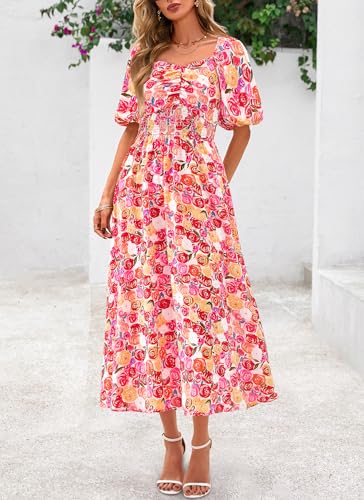 Okiwam Womens Summer Dresses 2025 Spring Floral Maxi Sundress Puff Sleeve Smocked Flowy Beach Vacation Wedding Guest Dress2