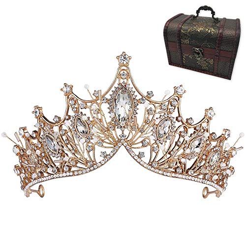 Baroque Queen Crown with Wooden Box, Rhinestone Wedding Tiaras and Crown for Bride Handmade Crystal Headband Tiara for Women and Girls  Wedding Halloween Faire Costume Birthday Hair Accessories