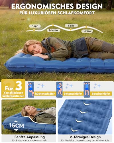 HIKENTURE Isomatte Camping, 12CM Ultradicke Isomatte Ultraleicht mit Kissen, Aufblasbare Matratze Kleines Packmaß, Luftmatratze Aufblasbar, Schlafmatte mit Fußpumpe für Outdoor, Wandern, Zelt - Blau