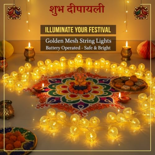 Image of MIRADH 14 Golden Apple Shape Led Lantern 16ft Star Fairy Lights Diwali Christmasdiwali Lighting for Home Decoration Lights for Garden,Home,Party,Bedroom (Warm White- Star Shape)