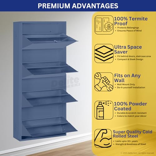 Image of Delite Kom 24 inch Wide, 8 Shelf Metal Shoe Rack Wall Mounted for Home with Central Lock | Holds Upto 24 Shoes or 40 Slippers Pair | Double Decker, 1 Yr Warranty, (54x24x8 inch, Graphite Grey)DIY, Space Saver