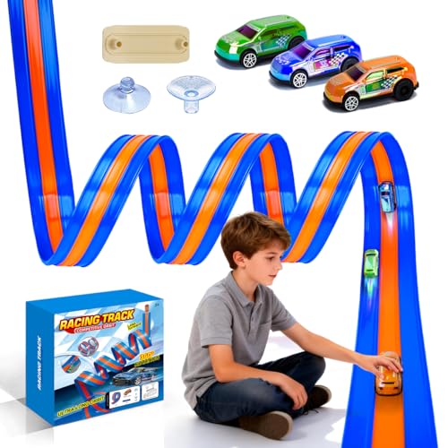 Htoytoy 3-Lane Flexible Race Track for Kids 16.4 FT Race Car Track Compatible with Hot Pull-Back Wheels Diecast 1/64, 3 High-Speed Pullback Cars, DIY Racetrack Toy Strong Suction Cups (3399-Orange)