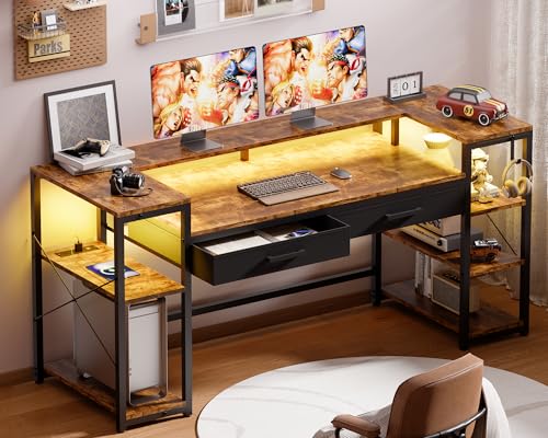 Image of Pamray 58 Inch Computer Desk with Monitor Stand and Shelves Gaming Desk with LED Lights & Power Outlets PC Vanity Table with 2 Drawers for Home Office Vintage