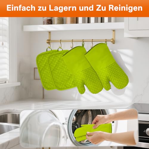 MILcea Ofenhandschuhe Topflappen Topfhandschuhe 4er Set - Ofenhandschuhe Hitzebestaendig bis 300°C, Rutschschutz, Verlängern, Weich, Backhandschuhe Kochhandschuhe Oven Gloves, Grün