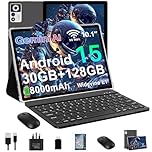 Tablet 10 Inch Android 15, 30GB RAM+128GB ROM (TF 2TB), 5G WiFi Tablets,Gemini AI/Widevine L1/8000 mAh/Octa-Core 2.0 GHz/Bluetooth 5.0/GPS/Face ID/8+5MP/2-in-1 Tablet with Keyboard and Mouse - Black