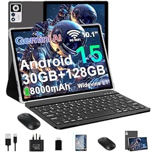 Tablet 10 Inch Android 15, 30GB RAM+128GB ROM (TF 2TB), 5G WiFi Tablets,Gemini AI/Widevine L1/8000 mAh/Octa-Core 2.0 GHz/Bluetooth 5.0/GPS/Face ID/8+5MP/2-in-1 Tablet with Keyboard and Mouse - Black