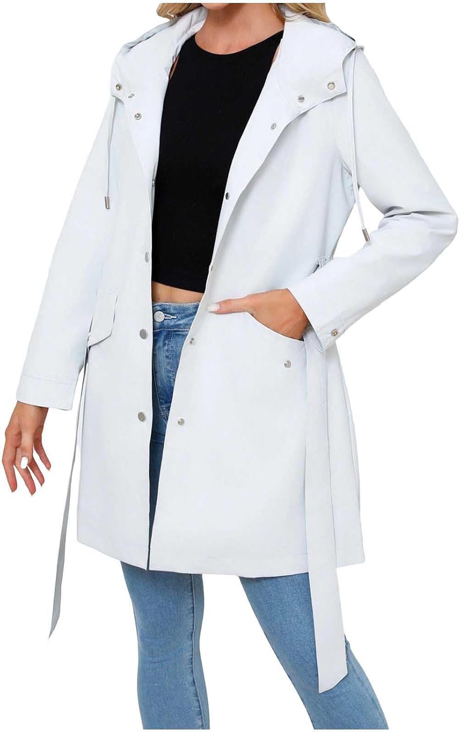 Women's Belted Rain Jacket Detachable Hood Zip Up Waterproof Coat Fall Winter Outdoor Casual Outerwear with Pocket