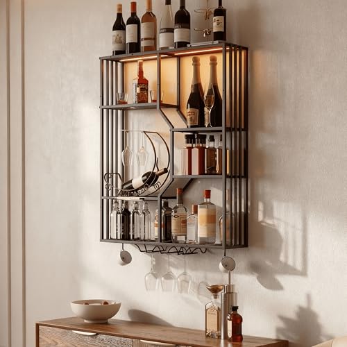 YOURLITE Weinregal Wand mit Glashalter,Metall Bar Regal Wand Wandmontage