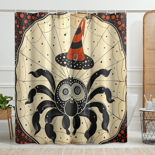 Rideau de douche d'Halloween motif araignée, chapeau de sorcière noir et beige, rideau de douche en toile d'araignée pour décoration de salle de bain de vacances, rideau de douche en tissu imperméable