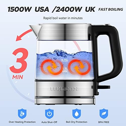 LUUKMONDE 2400W (UK) / 1500W (US) Electric Kettle, 1 L Glass Electric Tea Kettle Light Weight Cordless Water Boiler with LED Indicator, Auto-Shutoff & Boil-Dry Protection, BPA Free