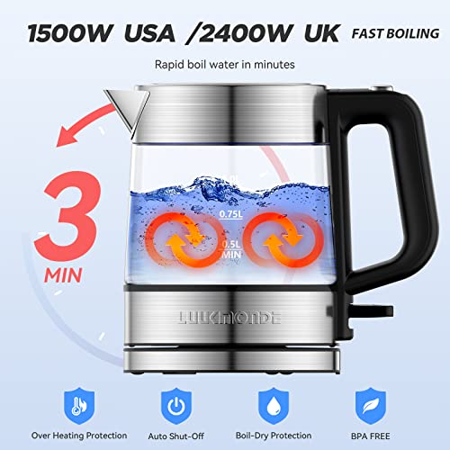 Luukmonde 1500W Electric Kettle, 1 L Glass Tea Kettle Light Weight, Cordless Water Boiler With Led Indicator, Auto-Shutoff & Boil-Dry Protection, Bpa Free #TOP3