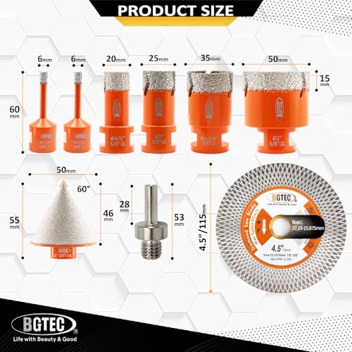 Image of BGTEC Diamond Hole Saw Kit - 9PCS 6 /6 /20 /25 /35 /50mm Drill Bits + 50mm Chamfering Bit + Adaptor + 115mm Tile Blade for Porcelain Tile Ceramic Granite Marble Stoneware