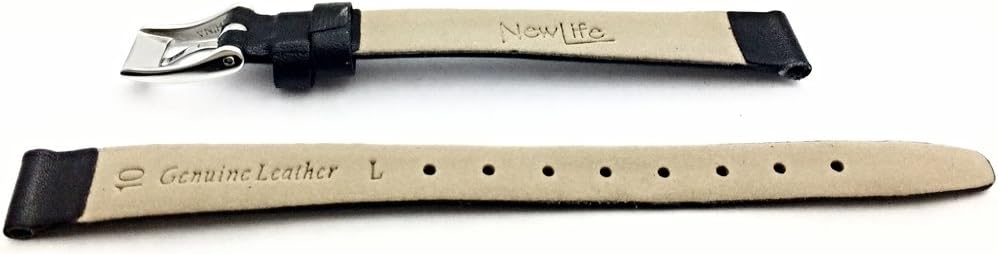 NewLife 10mm Long, Black, Flat, Elegant Calfskin Leather Watchband | Thin, Narrow Genuine Leather Replacement Watchstrap that brings to Any Watch (Womens Long Length)