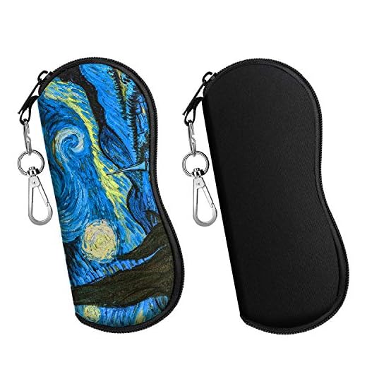 MoKo Funda de Gafas - 2 PZS [Ultra Ligero] Neopreno Con Cremallera Almacenaje Lente Suave Sunglasses Case con Clip de Cinturón para Gafas, Bolsa de Llaves, Lápices, Tarjetas - Noche Estrellada + Negro