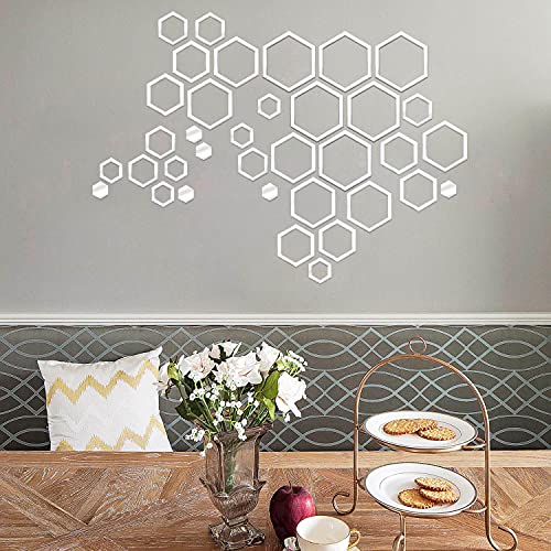 36 PCS Acrylic Mirror Wall Stickers H2MTOOL DIY Hexagon Wall Decals for Home Living Room Bedroom Decor (Silver, 36 pcs)