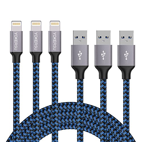 Lightning Cable, YOKERSU 3PACK 6Feet Extra Long Nylon Braided Charging Cable Cord Lightning to USB Cable Charger Compatible with iPhone X/ 8/ 7/ 6s/ 6/ Plus/ 5se/ 5s/ 5c/ 5, iPad, iPod (Blue)