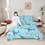 Cute Shark Comforter Set Queen Size,Fish Coral Bedding Set 3pcs for Kids Teens Boys Girls Room Decor,Mysterious Under Sea Animals Plants Themed Quilt Set Cartoon Blue Duvet Insert with 2 Pillowcases