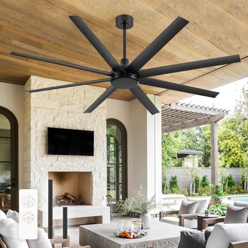 Breezary 72 inch Ceiling Fans without Light Remote Control, 8 Reversible Blade, Quiet DC Motor, Timer Function, 6-Speed, Industrial Ceiling Fan No Light for Bedroom Home Kitchen (Black)