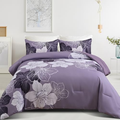 Menghomeus Queen Comforter Set Dark Purple Floral Bedding Comforter Sets – Soft Microfiber Bed Comforter Set for All Season, 3 Piece Botanical Flowers Comforter, Pillowcases