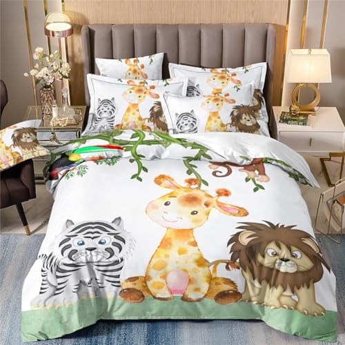 Housse de Couette 140x200 Animaux de La Jungle Parure de Lit 140x200 Enfant Garçon Fille Adulte Lion Tigre giraf Singe Housse de Couette 1 Personne avec...