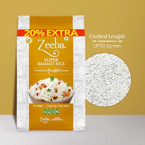 Image of Zeeba Super Basmati Rice 1.2 Kg, Fluffy & Naturally Aromatic, Gluten Free Fine Grains (Cooked length upto 23mm*) (Pack of 2)