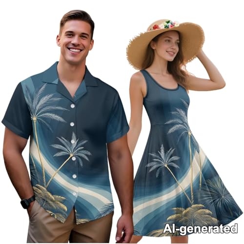 Image of Hawaii Matching Couple Outfits Husband and Wife Clothing Fashionable Mens Casual Shirts Hawaii Dress with Soft Fabric
