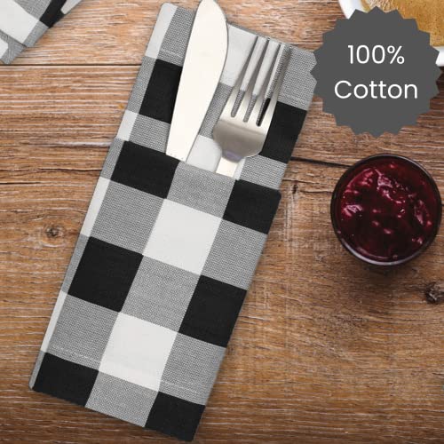 Cotton Clinic 20X20 Gingham Buffalo Check Cloth Dinner Napkins Pack Of 12, 100% Cotton Cocktail Napkins, Wedding Dinner Napkins With Mitered Corners And Generous Hem - Black White #TOP2
