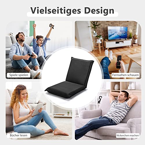RELAX4LIFE Bodenstuhl klappbar, Bodensessel mit Liegefunktion, Lehnstuhl mit 6 Einstellbarer Rückenlehne, Bodensitz zum Fernsehen Lesen Spielen, Meditationsstuhl Lazy Sofa gepolstert (schwarz)