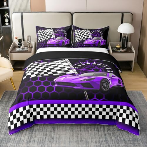 Purple Race Car Duvet Cover Set 100% Cotton,Car Sports Black White Grid Flag Bedding Set for Bedrooom Decor,Extreme Sport Neon Lights Honeycomb All Season Comforter Cover,Full Size,No Comforter