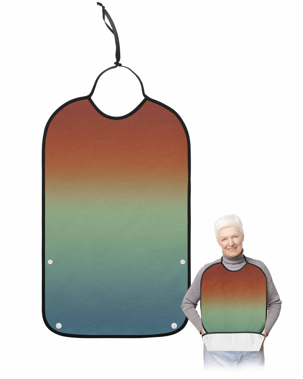 Turquoise Rust Red Adult Bib for Eating with Crumb Catcher,Washable Waterproof Terry Cloth Adjustable Elderly Women Men Adult Bibs Apron Protector Abstract Gradient Modern Geometric Minimalist