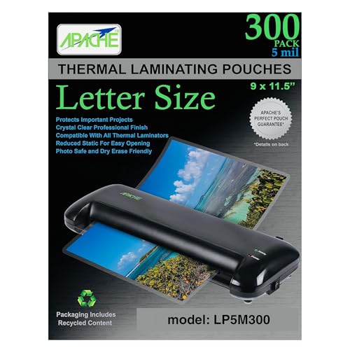 Apache Laminating Pouches 5 mil, for 8.5 x 11 inch Letter Size Paper, 9 x 11.5 inch Sheets, 300 Pack, Office and School Supplies, Thermal Laminator, Super Clear Sheets, 300-Pack, 5mil, Letter Sized