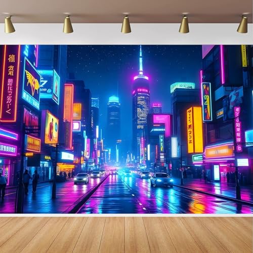 CapiSco Neon Night City Street Backdrop 7x5FT Japan Neon Lights Signboard Billboards Tokyo Sleepless Town Nightscape Background Japanese Anime Culture Japan Photo Studio Props