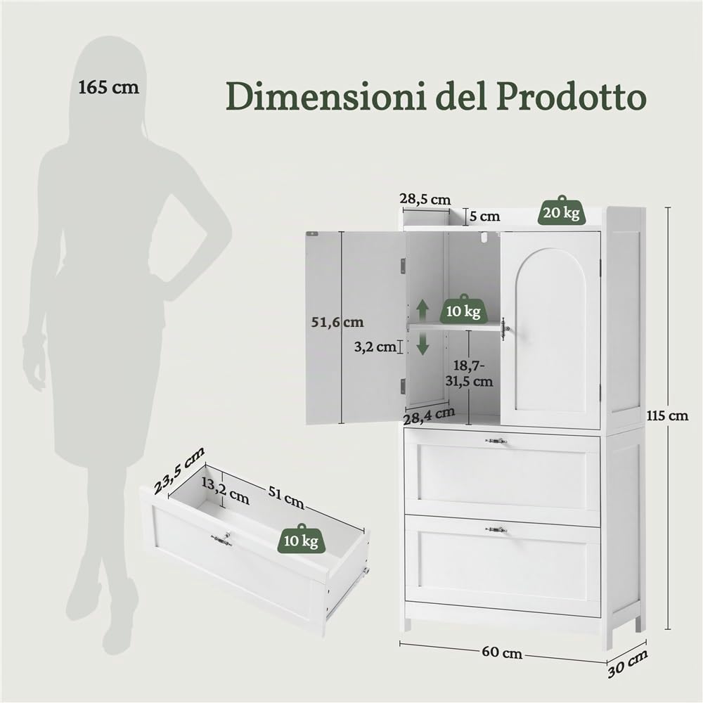 Yaheetech Mobile da Bagno Armadietto Autoportante in Legno Due Ante e Due Cassetti Ripiani Regolabili Mobiletto Bagno Multiuso per Soggiorno Salotto Cucina Sala da Pranzo 60x30x115 cm Bianco