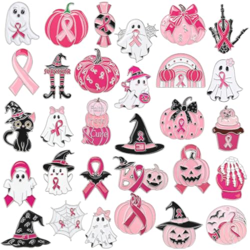 Image of SANNIX 60Pcs Halloween Breast Cancer Pin Pink Ribbon Bulk Accessories | Pink Ribbon Halloween Pins Bulk, Creative Spooky Pink Design, Meaningful Charity Gift for October Breast Cancer Walks