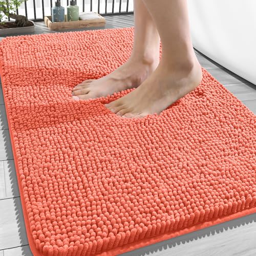 Image of OLANLY Bathroom Rugs 34x21, Extra Soft Absorbent Chenille Bath Rugs, Rubber Backing Quick Dry, Machine Washable Bath Mats for Bathroom Floor, Tub and Shower, Home Decor Accessories, Coral