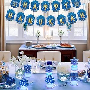 6 PCS Hanukkah Tea Lights Candles Battery Operated LED Flameless Tealight Candles Blue Star of David Menorah Dreidel Hanukkah Decorations Centerpieces for Home Kitchen Party Decor
