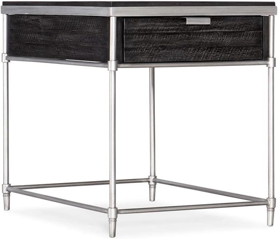 BOWERY HILL Modern End Table, Rectangular Acacia Solid Wood, Distressed Black Finish, One Drawer with Finger Pull, Brushed Metal Base, Casual Rustic Industrial Style Living Room Furniture