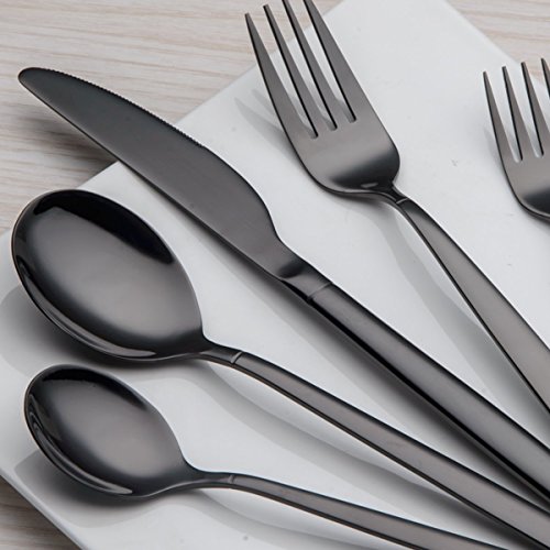 Berglander 20 Piece Titanium Black Plated Stainless Steel Flatware Set, 20 Pieces Black Silverware Set, Black Cutlery Set, Service For 4 (Shiny Black) #TOP2