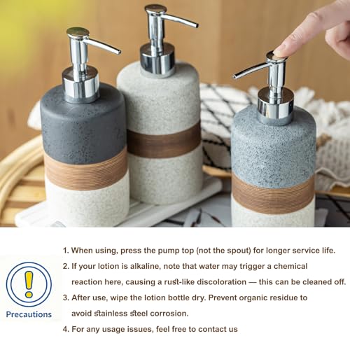Image of Ceramic Soap Dispenser Set of 2, Hand and Dish Soap Dispenser Set | Shower Shampoo Soap Dispenser for Bathroom, Kitchen | Stainless Steel Pump, Silicone Funnel and Diatomaceous Tray, 12 oz Gray