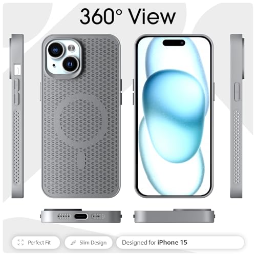 Image of Outlouders Back Cover for iPhone 15 | Honeycomb Cooling Design | Silicone Heat Dissipation | Mag-Safe Compatible | Shockproof Camera Protection Bumper Case (Grey Mag-Safe)
