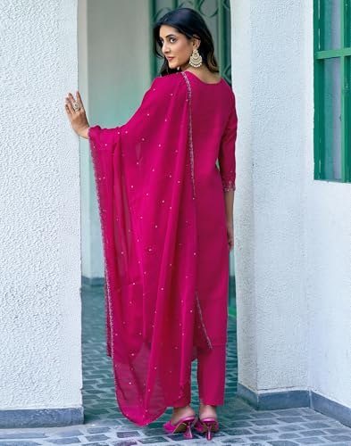 Image of SIRIL Women's Rayon Viscose Sequence Embroidery Work Straight Kurta Pant with Dupatta Set