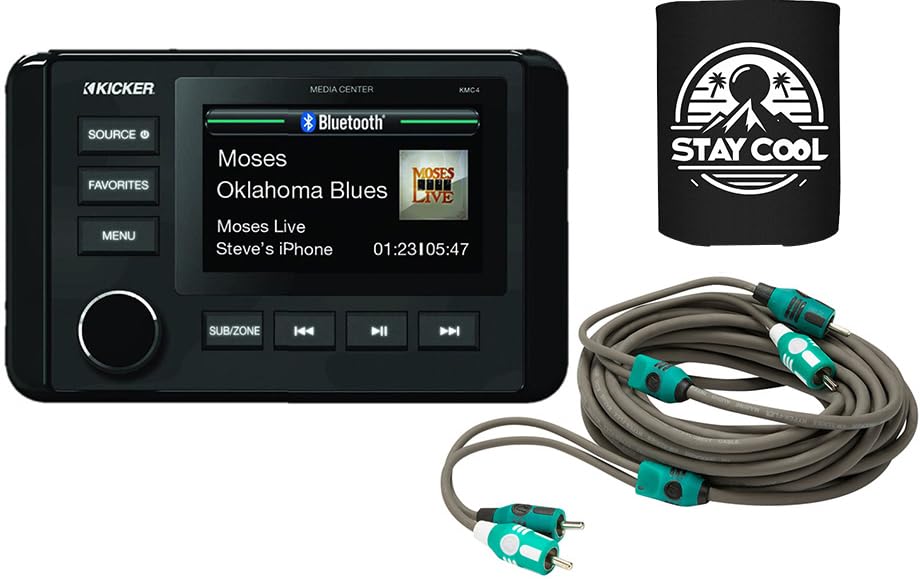 KICKER Receiver and Speakers Package of 2 Items - in-Dash KM Series Digital Media Marine Receiver with RCA Audio Cable - Stereo Kit - 46KMC4 Receiver & 47KMI10 Cable
