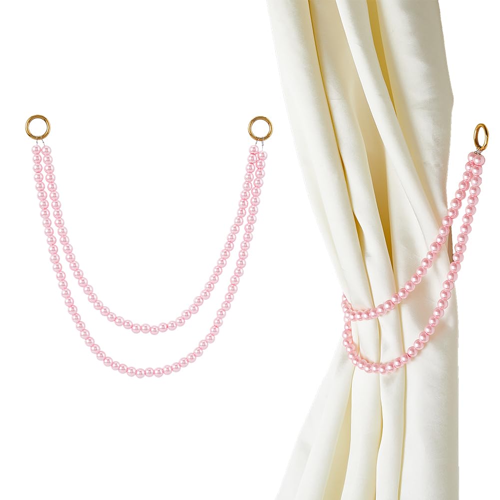 SUPERFINDINGS 2Pcs Pearl Curtain Tiebacks Pink Curtain Tie Backs 40cm Curtain Holders Beaded Curtain Holdbacks with 304 Stainless Metal Rings for Bedroom Farmhouse Decor