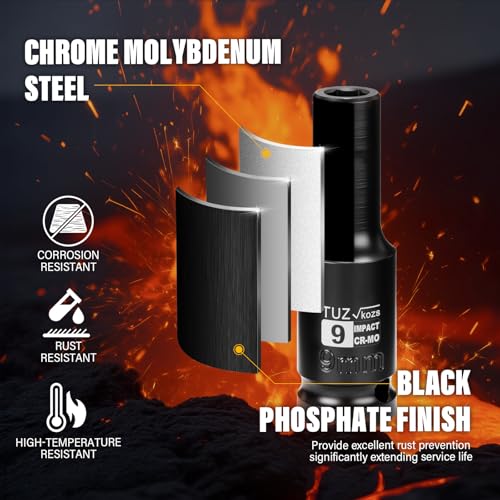 Image of 1 /2 Inch Drive 9mm Deep Metric Impact Socket,CR-MO,6 Point Radius Corner Design,Square Chamfered Opening,Axle Nut Impact Grade Socket for Easy Removal
