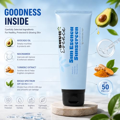 Image of Sunscreen SPF 50+ PA++++ Broad Spectrum UVA & UVB Protection, Moisturising Face Sunscreen with Avocado Oil, Niacinamide & Turmeric, Non-Comedogenic Plant Based Daily Sun Care Cream, 50 g