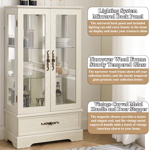 Image of 47 inch H Lighted Curio Cabinet Display Case, Glass Case with Adjustable Shelves,Tempered Glass Door and Drawer, Wooden Curio Cabinet with Mirrored Back Pane for Living Room (Antique White)